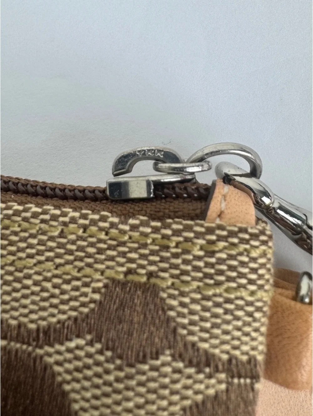 Coach Signature Canvas Zip Wristlet Peach Leather Trim